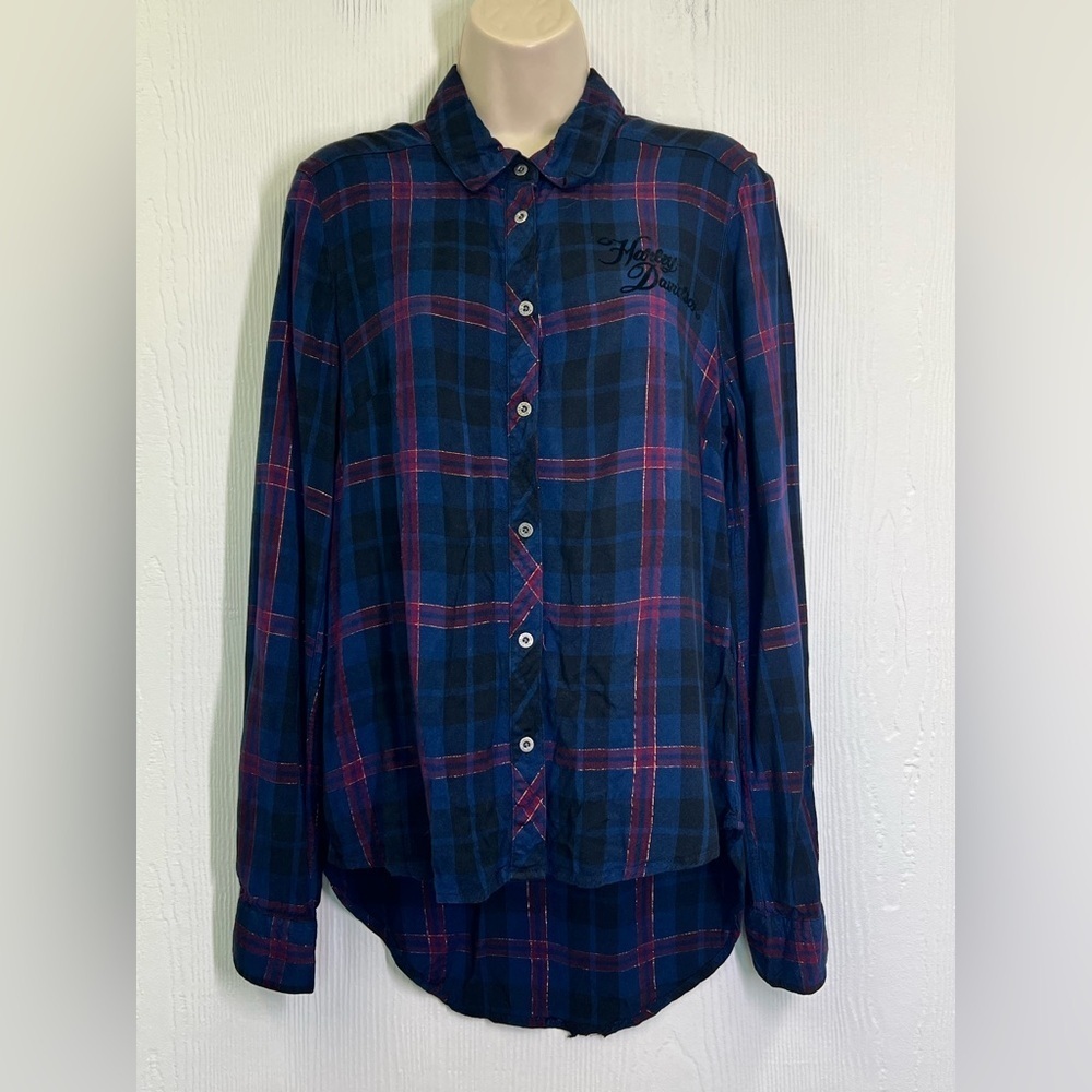 Harley Davidson - Flocked Rose Colorful Plaid Button Down Long Sleeve Blouse Med